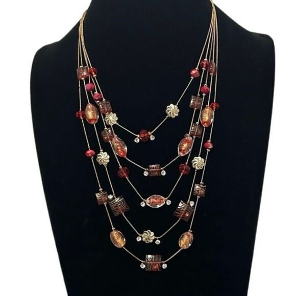 Vtg Layered Necklace Red Crystal & Art Glass Beads 5-Strand Silver-tone Chain - Picture 10 of 11